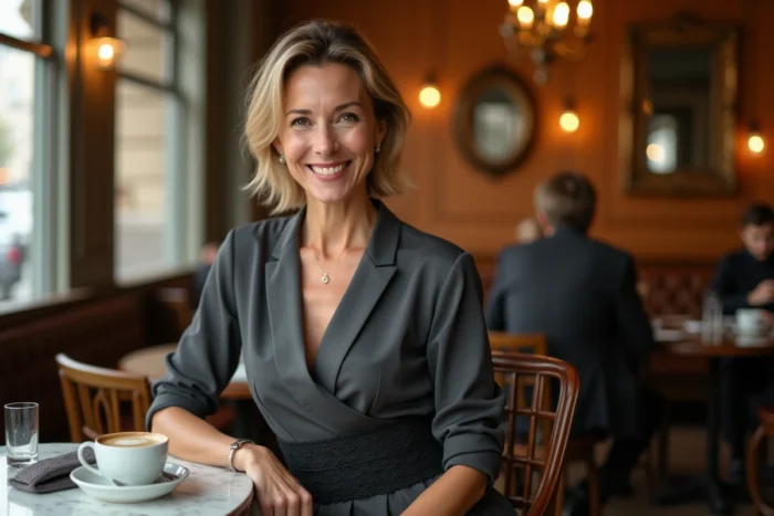 Femme chic avec une ceinture en dentelle noire dans une brasserie parisienne