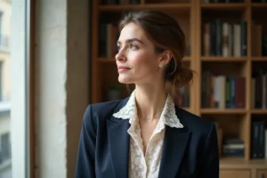 Femme élégante portant un col en dentelle ivoire sur un blazer marine dans un appartement parisien