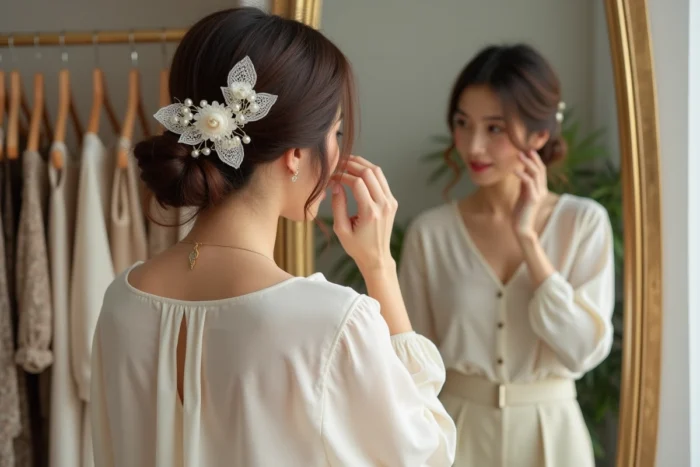 Jeune femme insérant un peigne en dentelle blanche dans ses cheveux dans une boutique élégante