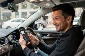 Homme activant une voix personnalisée sur l'application Waze depuis son smartphone monté dans une voiture