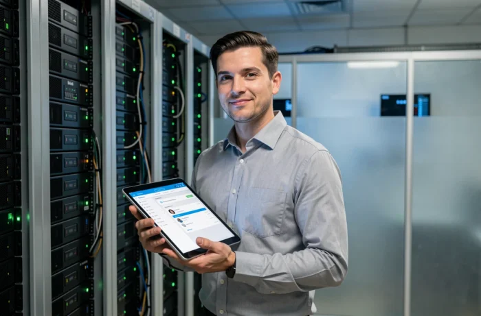 Administrateur informatique gérant des comptes utilisateurs sur un tableau de bord web dans une salle serveur universitaire
