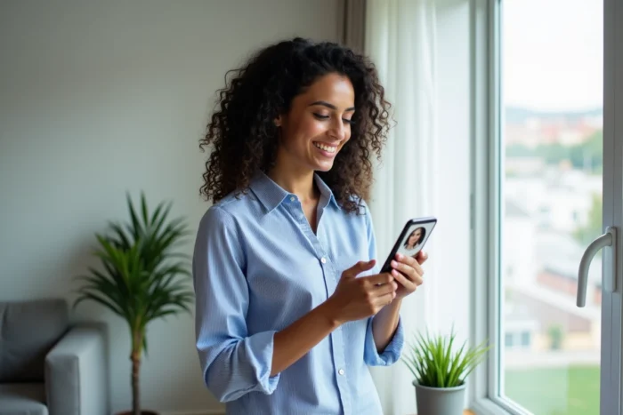 Femme utilisant Instagram sur son téléphone pour agrandir et afficher la photo de profil en grand
