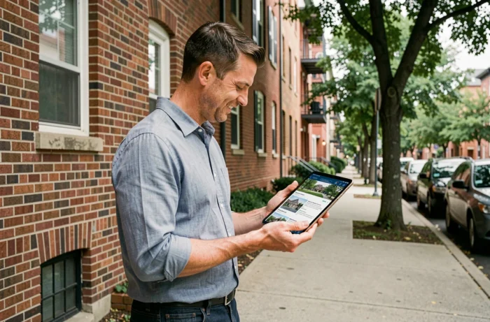 Agent immobilier consultant une plateforme de gestion immobilière sur tablette devant un immeuble résidentiel