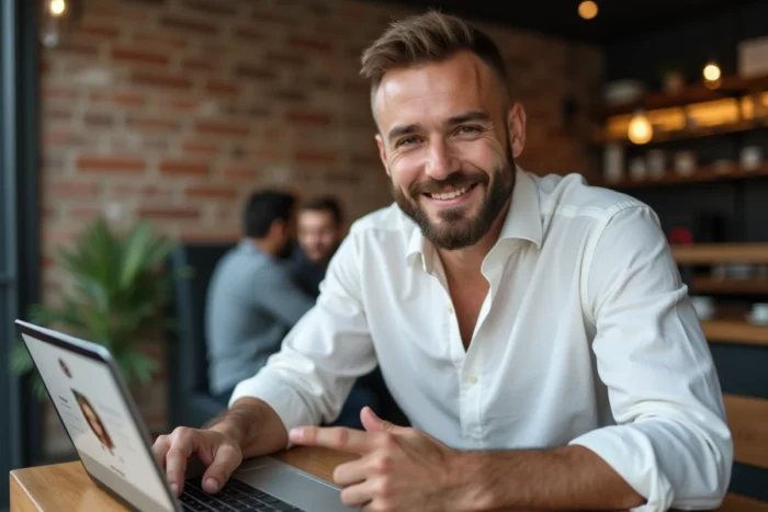 Homme en café utilisant un ordinateur et une tablette pour agrandir une photo de profil Instagram