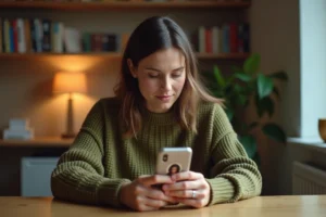 Jeune femme consultant son profil Instagram sur smartphone pour agrandir sa photo de profil