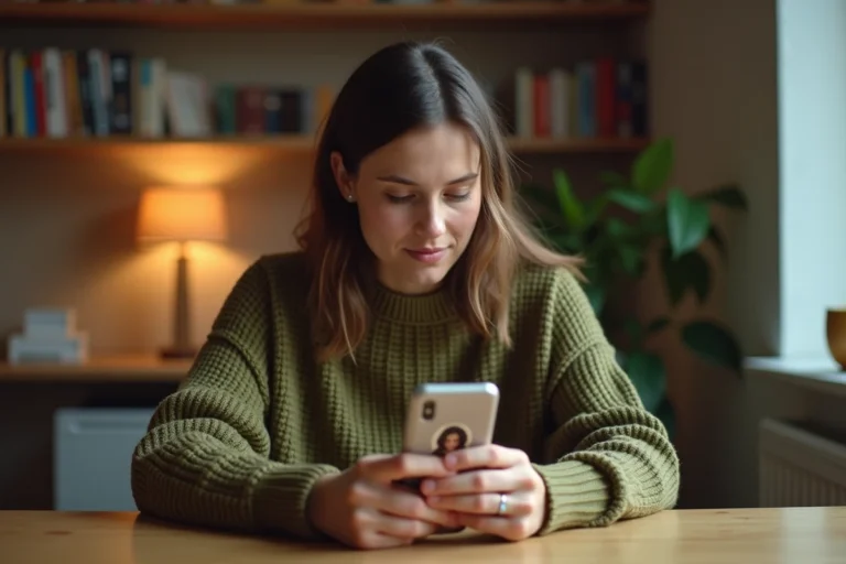 Jeune femme consultant son profil Instagram sur smartphone pour agrandir sa photo de profil