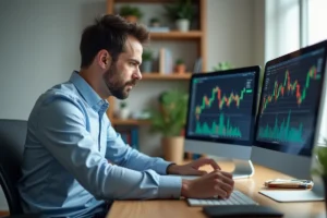 Homme analysant des graphiques boursiers sur un double écran dans un bureau moderne en 2024
