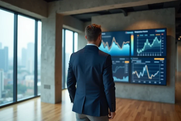 Professionnel de la finance analysant des graphiques de santé et d'investissement dans un bureau moderne avec vue sur la ville