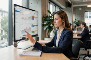 Femme analyste SEO consultant des statistiques de visibilité web sur un écran d'ordinateur dans un bureau moderne