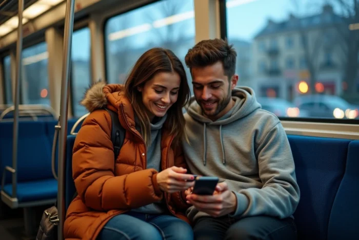 Deux amis consultant une application de transport dans le RER en banlieue parisienne