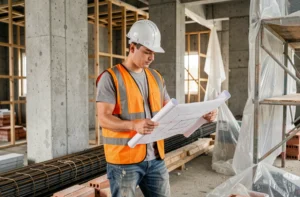 Jeune apprenti en bâtiment consultant un plan de construction sur un chantier avec murs en béton brut et échafaudages