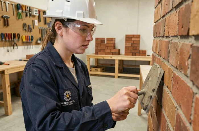 Apprentie maçonne appliquant du mortier sur un mur de briques lors d'un atelier de formation professionnelle au bâtiment