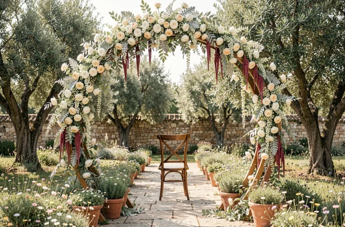 Arche florale ronde en bois décorée de roses blanches et de feuillage pour cérémonie de mariage en extérieur