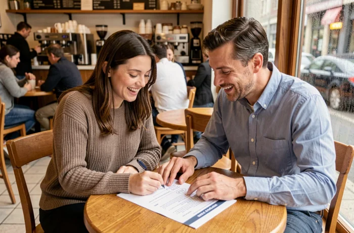 Deux associés en train d'élaborer ensemble un business plan autour d'une table dans un café urbain