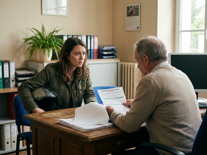 Jeune femme motarde en agence d'assurance consultant un agent sur les risques d'une moto non homologuée, documents de contrat visibles