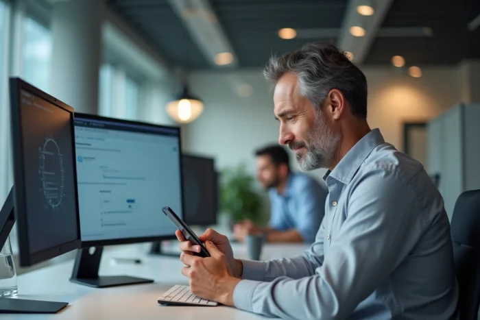Homme vérifiant une authentification à deux facteurs sur son smartphone dans un bureau professionnel moderne