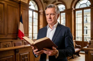 Avocat tenant un livre de droit dans une salle d'audience parisienne, illustrant les principes constitutionnels de l'article 16 de la DDHC