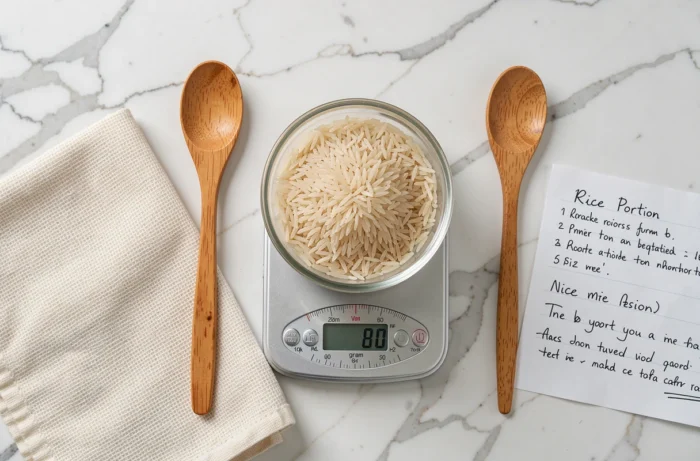 Balance de cuisine avec riz basmati pesé en grammes sur plan de travail en marbre blanc