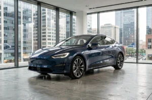 Nouvelle berline électrique au design aérodynamique exposée dans un showroom automobile moderne avec sol en béton poli