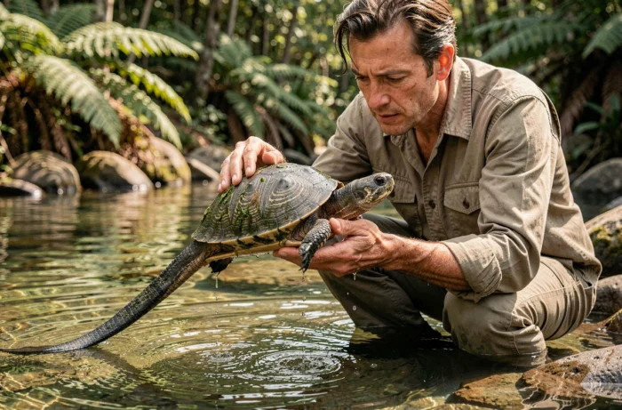 Biologiste tenant une tortue de la Mary River hors de l'eau dans une rivière du Queensland, montrant sa longue queue et sa carapace caractéristique couverte d'algues vertes