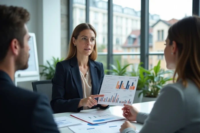 Biostatisticienne présentant des données sur le taux de consanguinité en France dans un bureau moderne