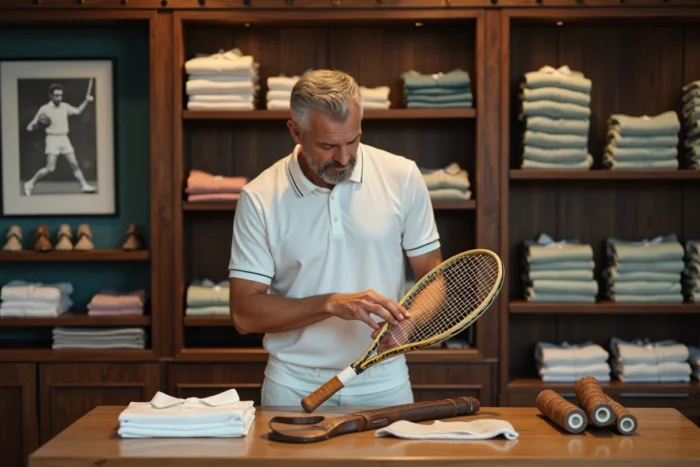 Spécialiste de matériel de tennis présentant des raquettes et tenues classiques style Edberg dans une boutique de tennis au décor rétro années 80