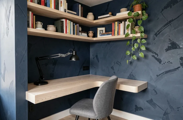 Bureau à domicile contemporain dans une alcôve en plâtre bleu marine avec étagères en chêne et plante pothos pour une décoration intérieure inspirante
