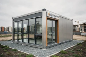 Bureau de vente modulaire moderne installé sur un chantier immobilier avec façade vitrée et signalétique professionnelle