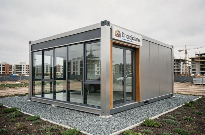 Bureau de vente modulaire moderne installé sur un chantier immobilier avec façade vitrée et signalétique professionnelle