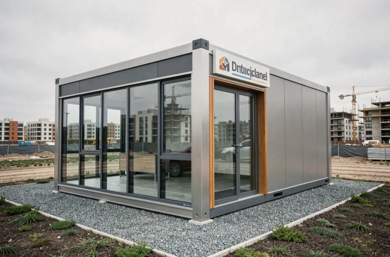 Bureau de vente modulaire moderne installé sur un chantier immobilier avec façade vitrée et signalétique professionnelle