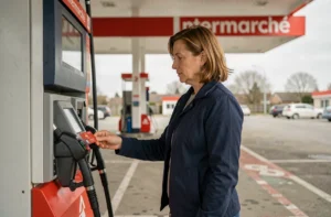Femme utilisant sa carte de fidélité à une pompe à essence Intermarché pour bénéficier d'une réduction sur le prix du gasoil