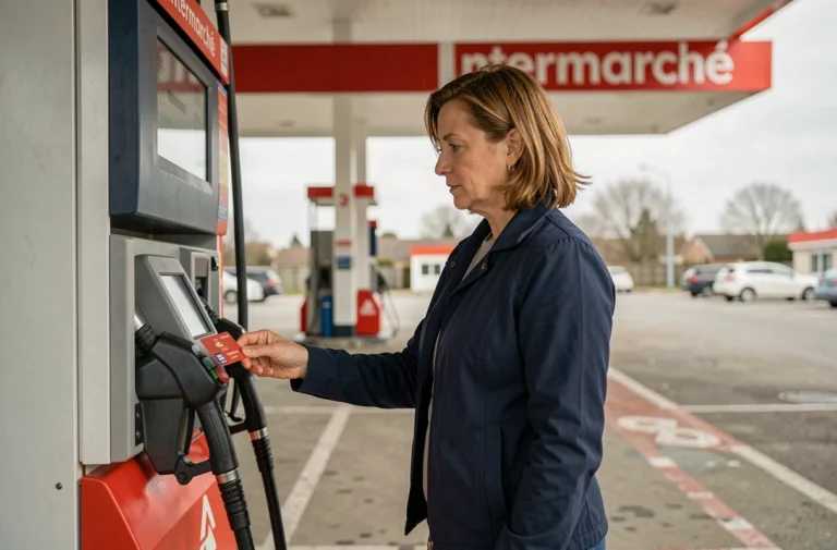 Femme utilisant sa carte de fidélité à une pompe à essence Intermarché pour bénéficier d'une réduction sur le prix du gasoil
