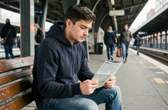 Jeune homme lisant une carte pliée du réseau RER et métro parisien sur un quai de gare