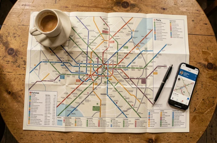 Vue aérienne d'une carte simplifiée des transports parisiens dépliée sur une table de café avec un espresso et un smartphone
