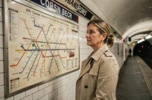 Femme consultant une carte simplifiée du réseau de transports parisiens dans une station de métro carrelée
