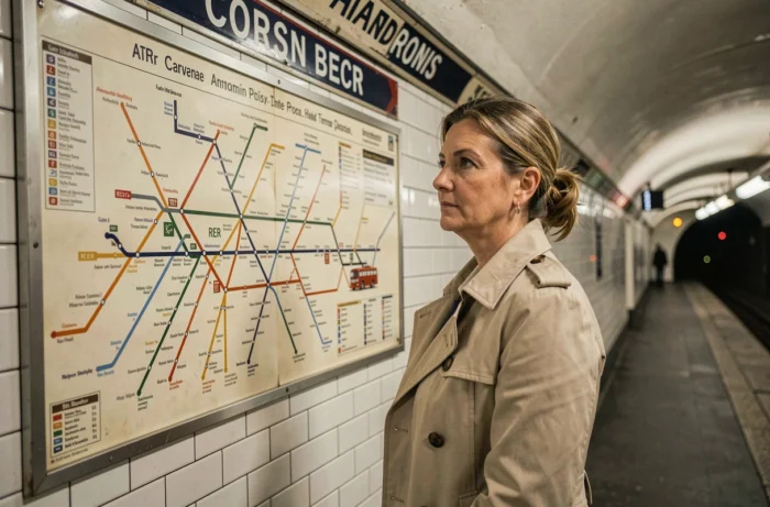 Femme consultant une carte simplifiée du réseau de transports parisiens dans une station de métro carrelée