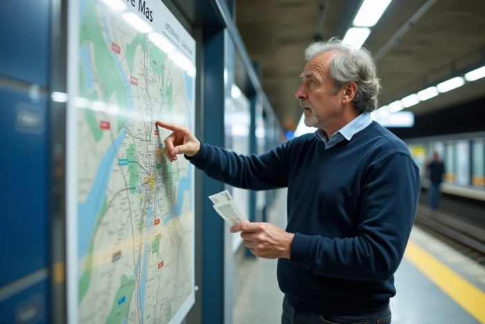 Voyageur consultant la carte des zones RER dans une gare parisienne