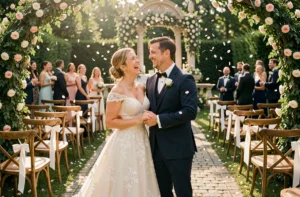 Mariés riant ensemble lors d'une cérémonie de mariage en plein air décorée de fleurs et de verdure luxuriante