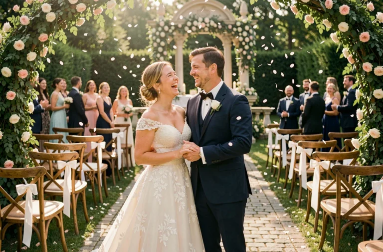Mariés riant ensemble lors d'une cérémonie de mariage en plein air décorée de fleurs et de verdure luxuriante