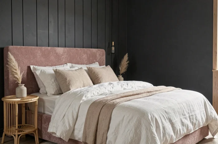 Chambre tendance avec tête de lit en bouclé rose, literie en lin naturel et table de chevet en rotin pour une décoration intérieure moderne