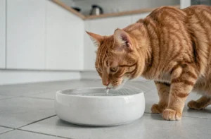 Chat roux qui boit dans une fontaine à eau en céramique moderne posée sur un carrelage de cuisine gris