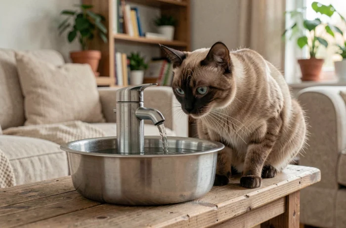 Chat siamois curieux reniflant une fontaine à eau en acier inoxydable posée sur une étagère en bois dans un salon