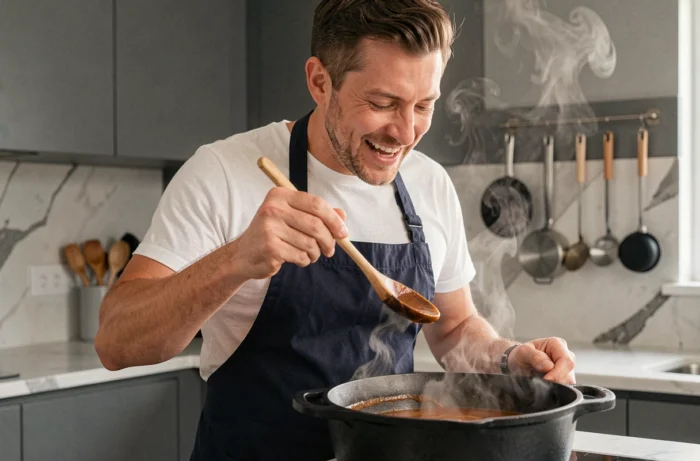 Homme goûtant une sauce mijotée dans une cocotte en fonte dans une cuisine moderne et contemporaine