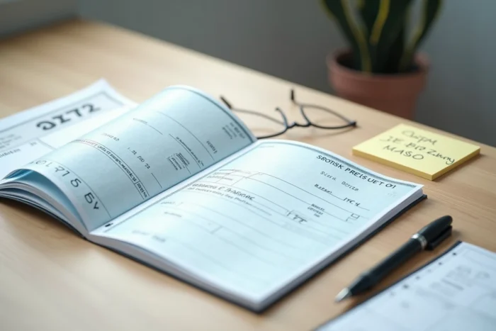 Gros plan d'un chéquier ouvert avec une adresse ancienne posé sur un bureau, accompagné d'un stylo et d'un rappel manuscrit