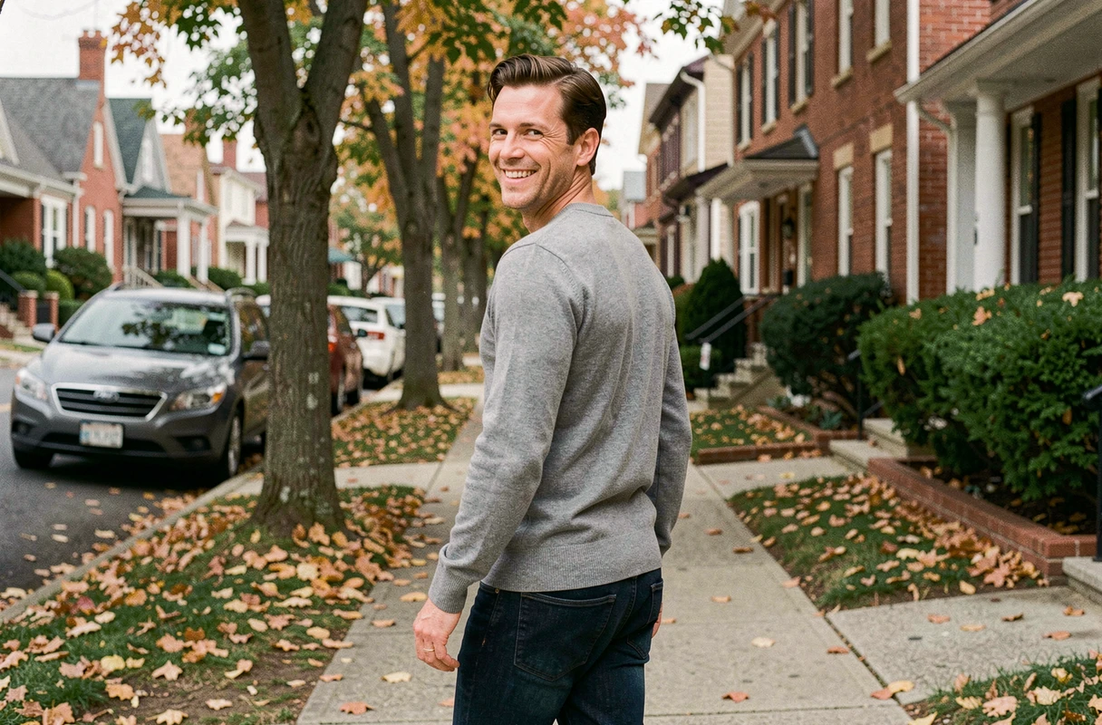 Homme en pull gris marchant dans une rue résidentielle en automne, illustrant la vie quotidienne et familiale discrète de Christopher Russell