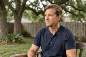 Portrait d'un homme dans la trentaine assis sur une terrasse en bois avec une expression pensive, évoquant la vie privée et familiale de Christopher Russell