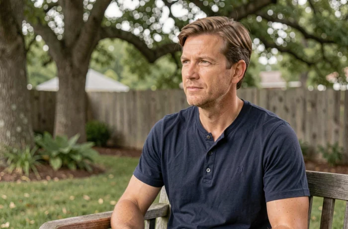 Portrait d'un homme dans la trentaine assis sur une terrasse en bois avec une expression pensive, évoquant la vie privée et familiale de Christopher Russell