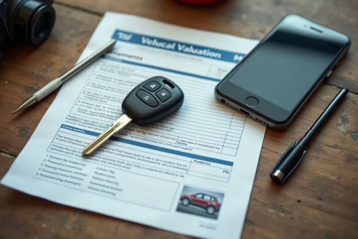 Clé de voiture posée sur un document d'évaluation de reprise automobile avec stylo et smartphone