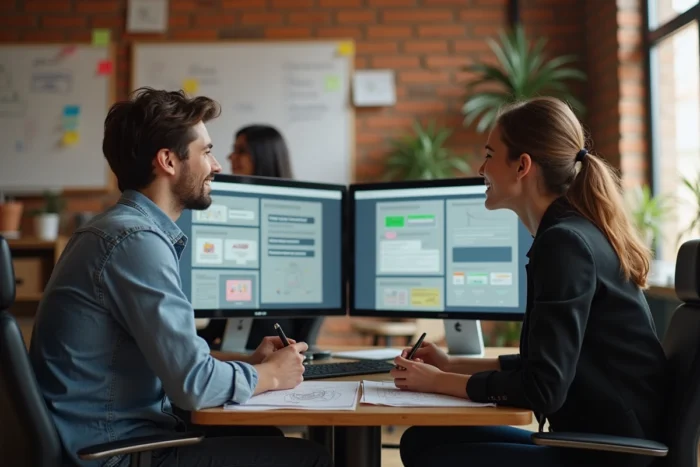 Deux jeunes professionnels collaborant sur des projets informatiques dans un espace de travail créatif, symbolisant l'innovation numérique et le développement technologique