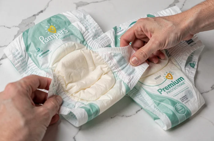 Comparaison de deux couches ouvertes Pampers Harmonie et Premium Protection côte à côte sur un plan de travail blanc, montrant les détails de texture et d'élasticité